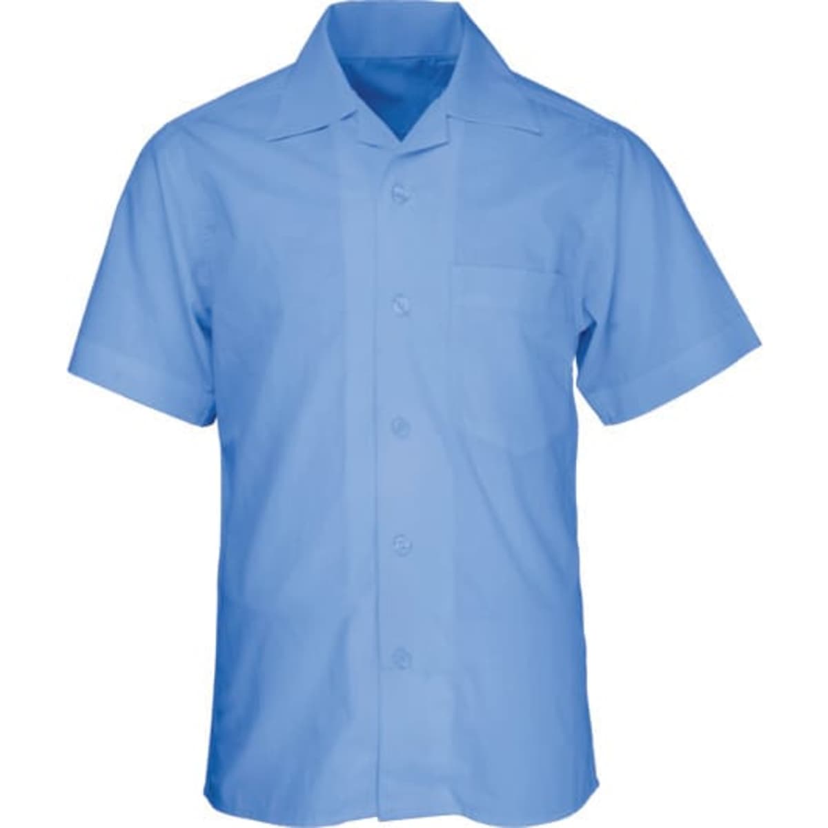 A short sleeve school shirt in light blue with a pocket and a logo. Suitable for school uniform use.