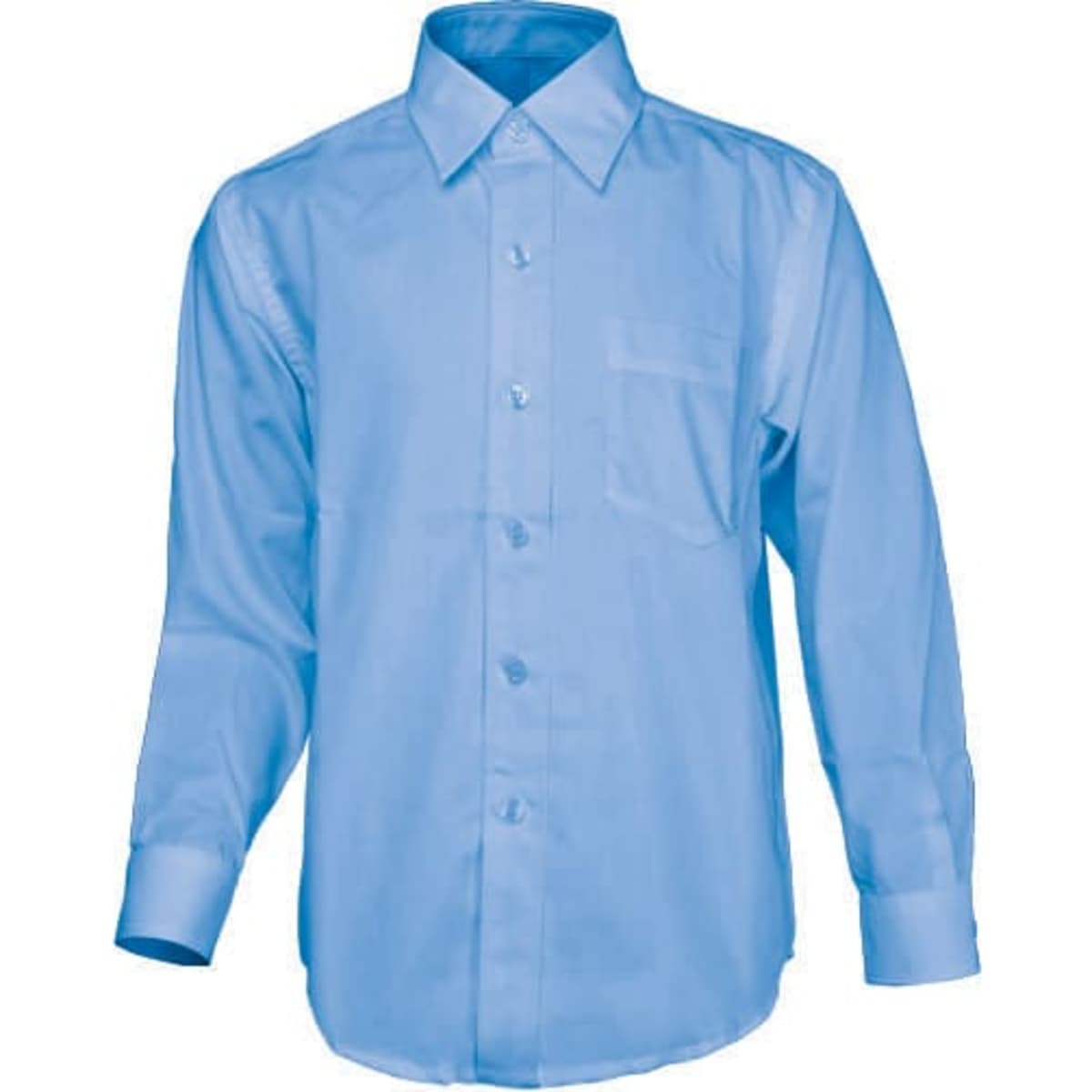 A light blue long sleeve button-up school shirt with a front pocket and a logo.