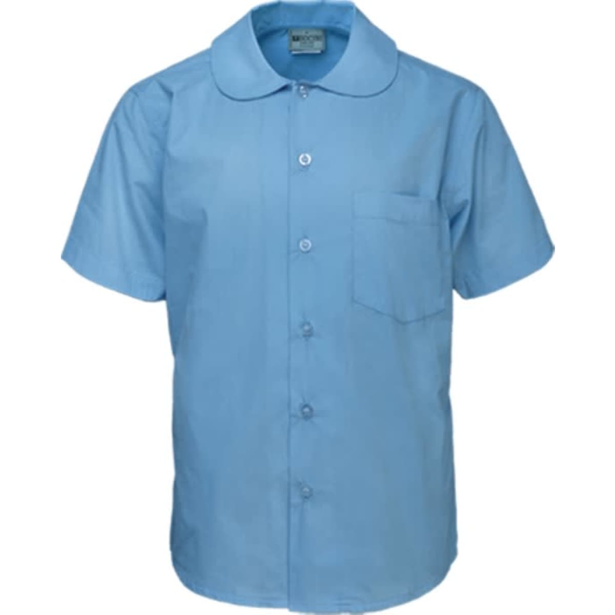 A light blue short sleeve button-up school shirt with a Peter Pan collar and a chest pocket.