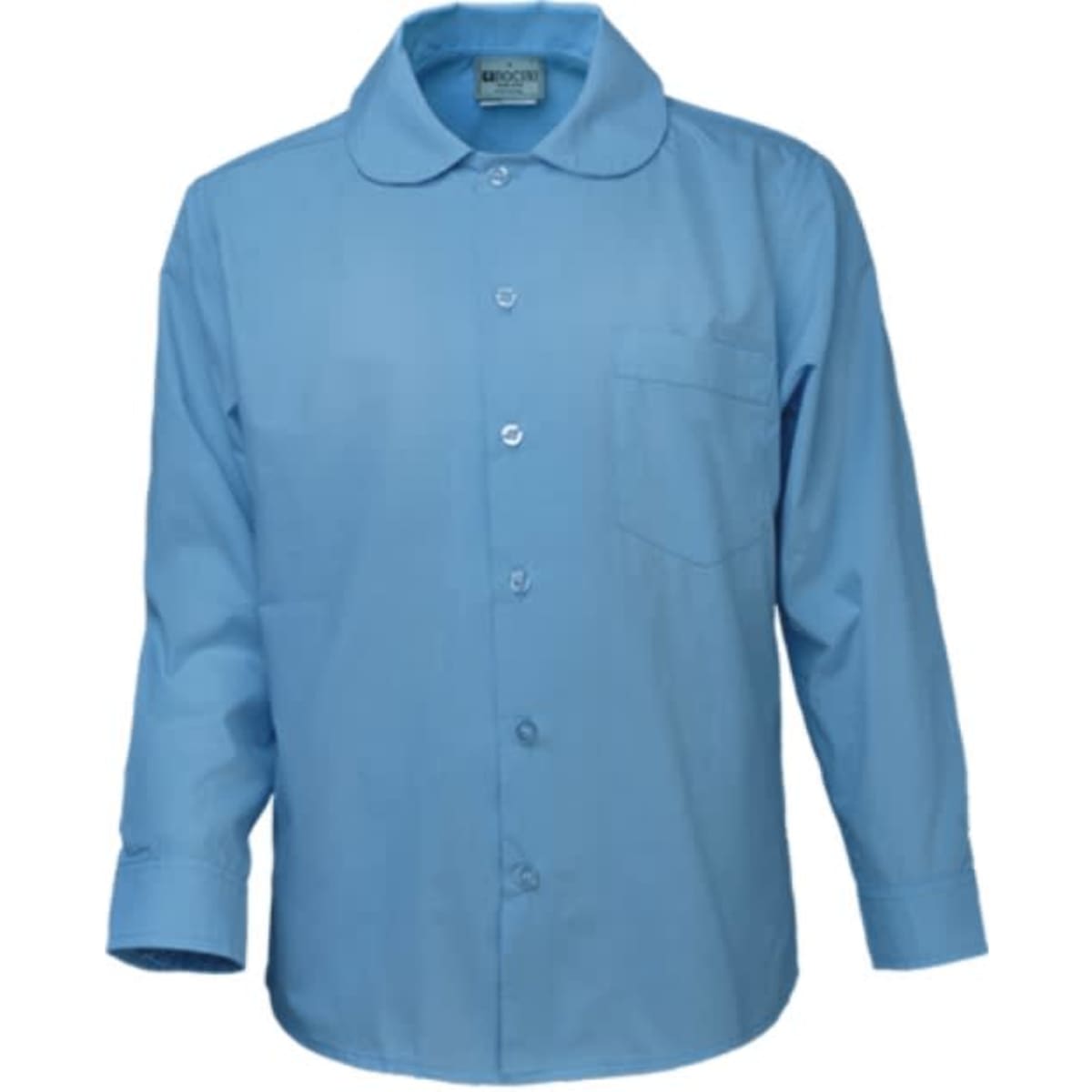 A blue long sleeve school shirt featuring a Peter Pan collar and a chest pocket. The shirt has a button-up front and a logo.