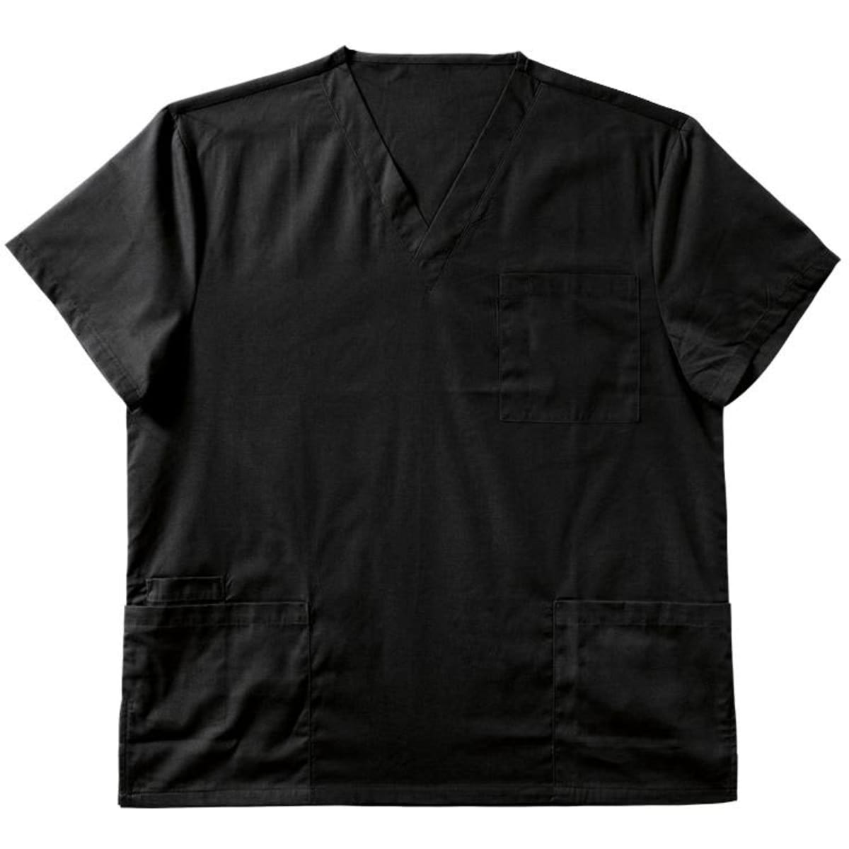 A black men's scrubs top with a V-neck and multiple pockets. The top features short sleeves and a logo.