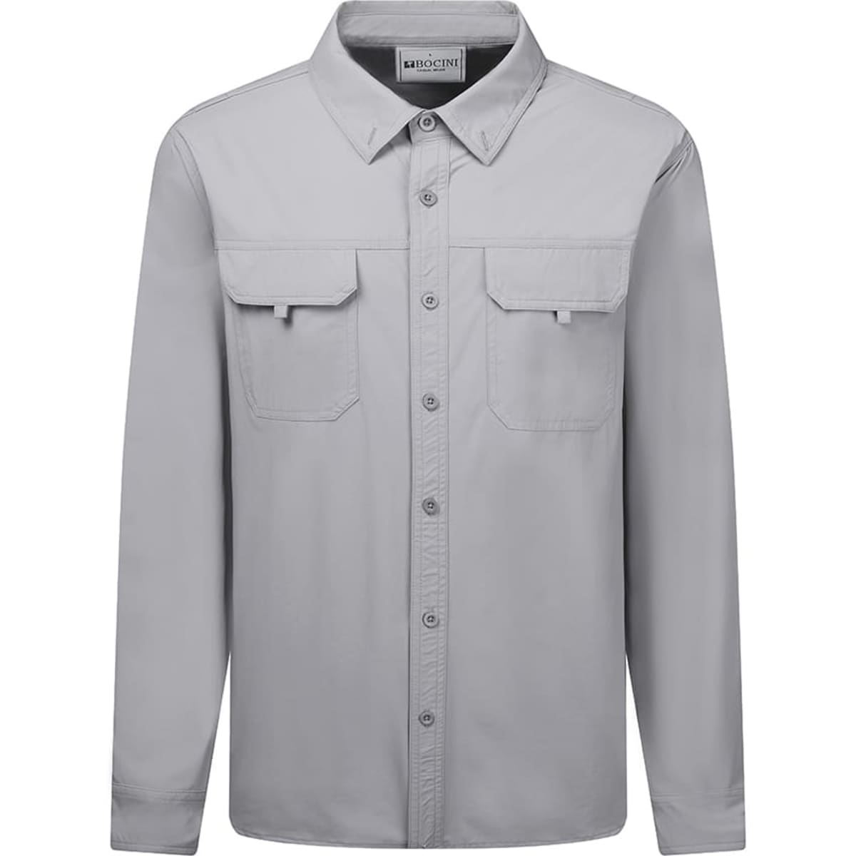 A light grey long sleeve outdoor shirt featuring two chest pockets and a button-up front. It has a logo on the collar.