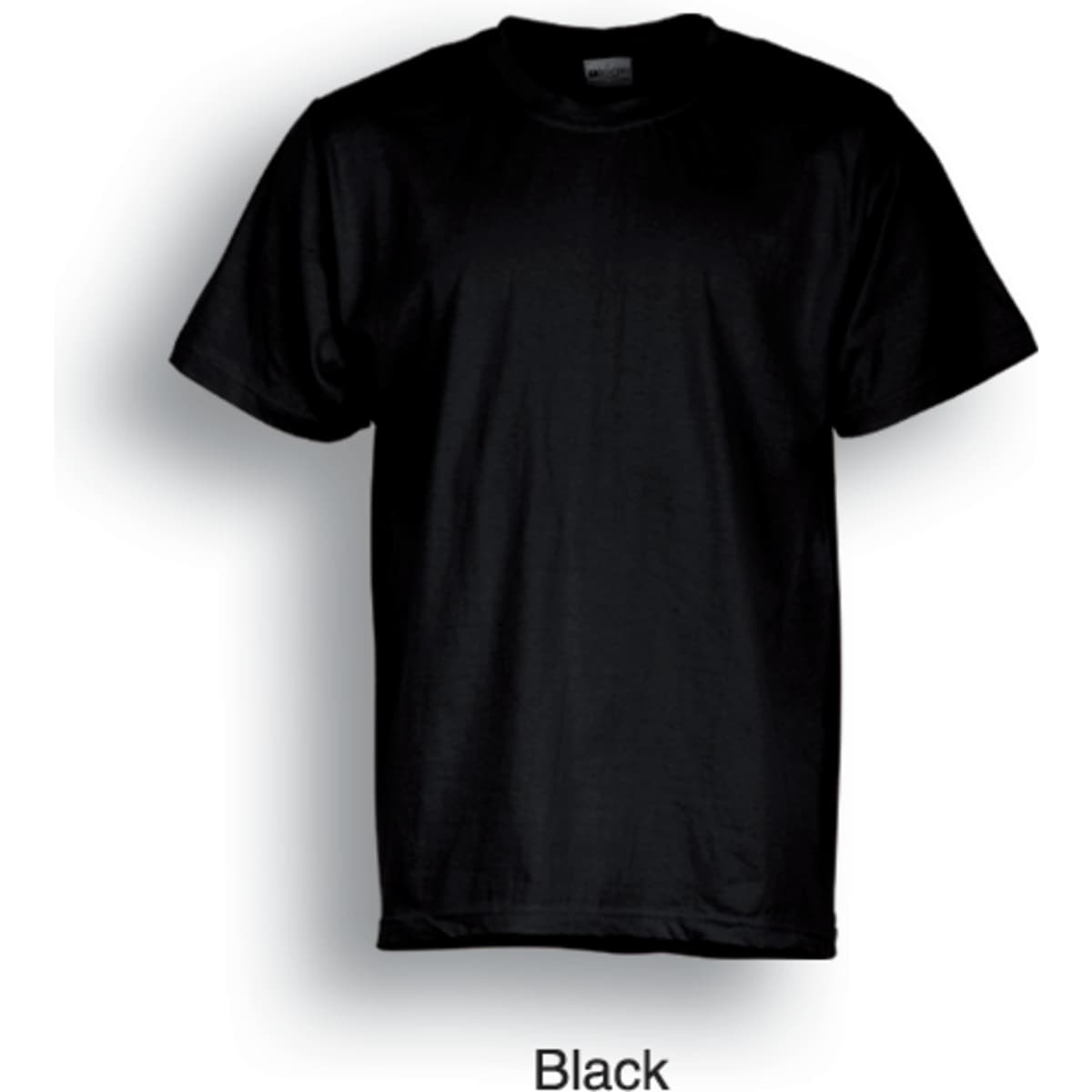 A plain black cotton T-shirt, featuring short sleeves and a round neck. It includes a logo on the label.