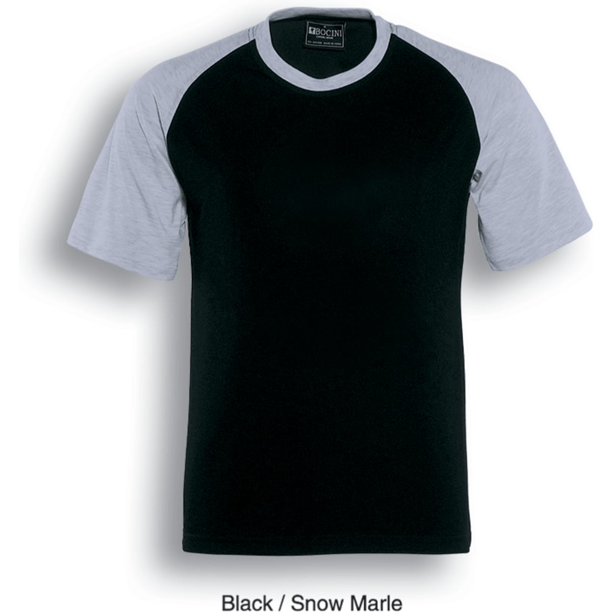 A unisex raglan sleeve tee shirt featuring black and snow marle colours. The shirt has a logo on the label.
