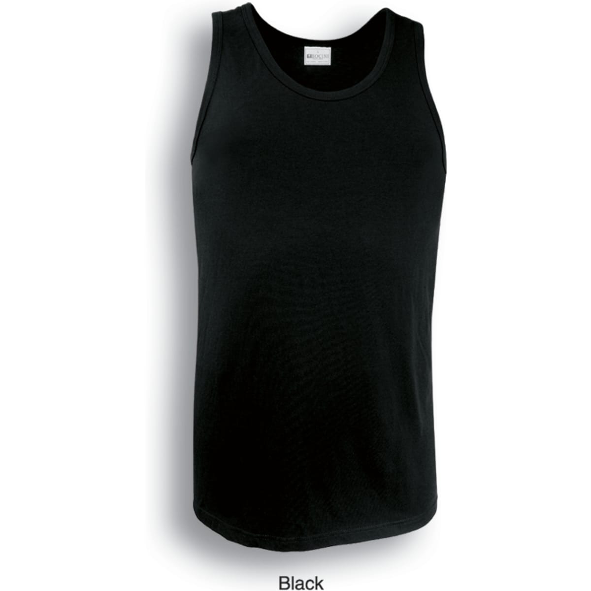 A black men's cotton singlet with a round neck and no sleeves, featuring a label at the top.