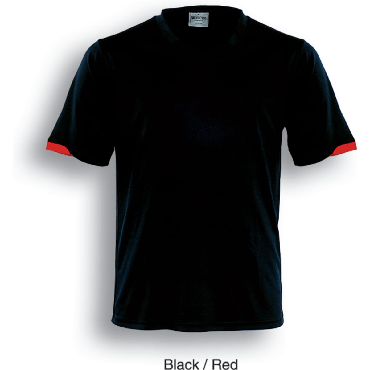A black football jersey with red accents on the short sleeves. Features a logo on the front.