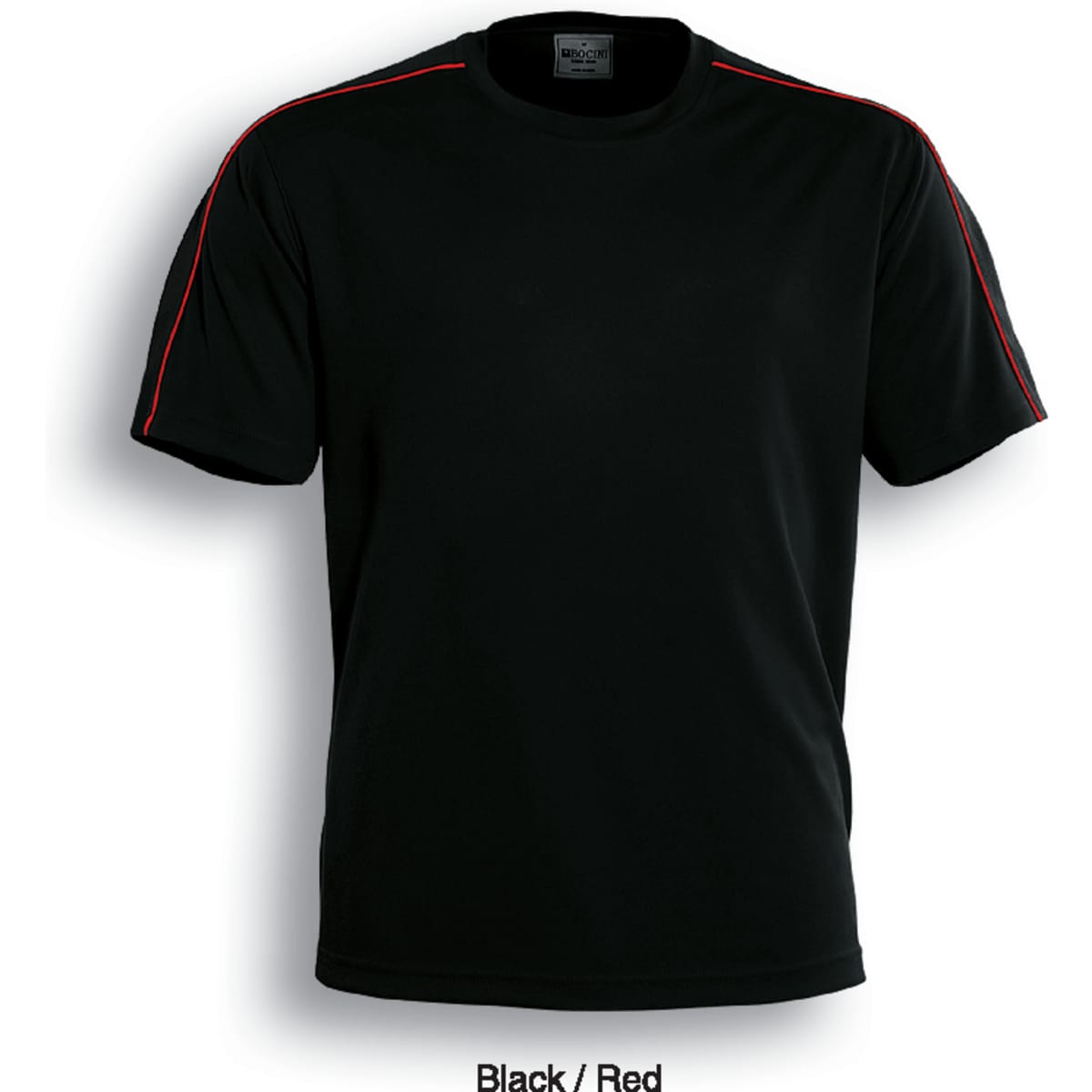A black and red unisex round neck tee shirt with contrasting red shoulder stripes and a logo.