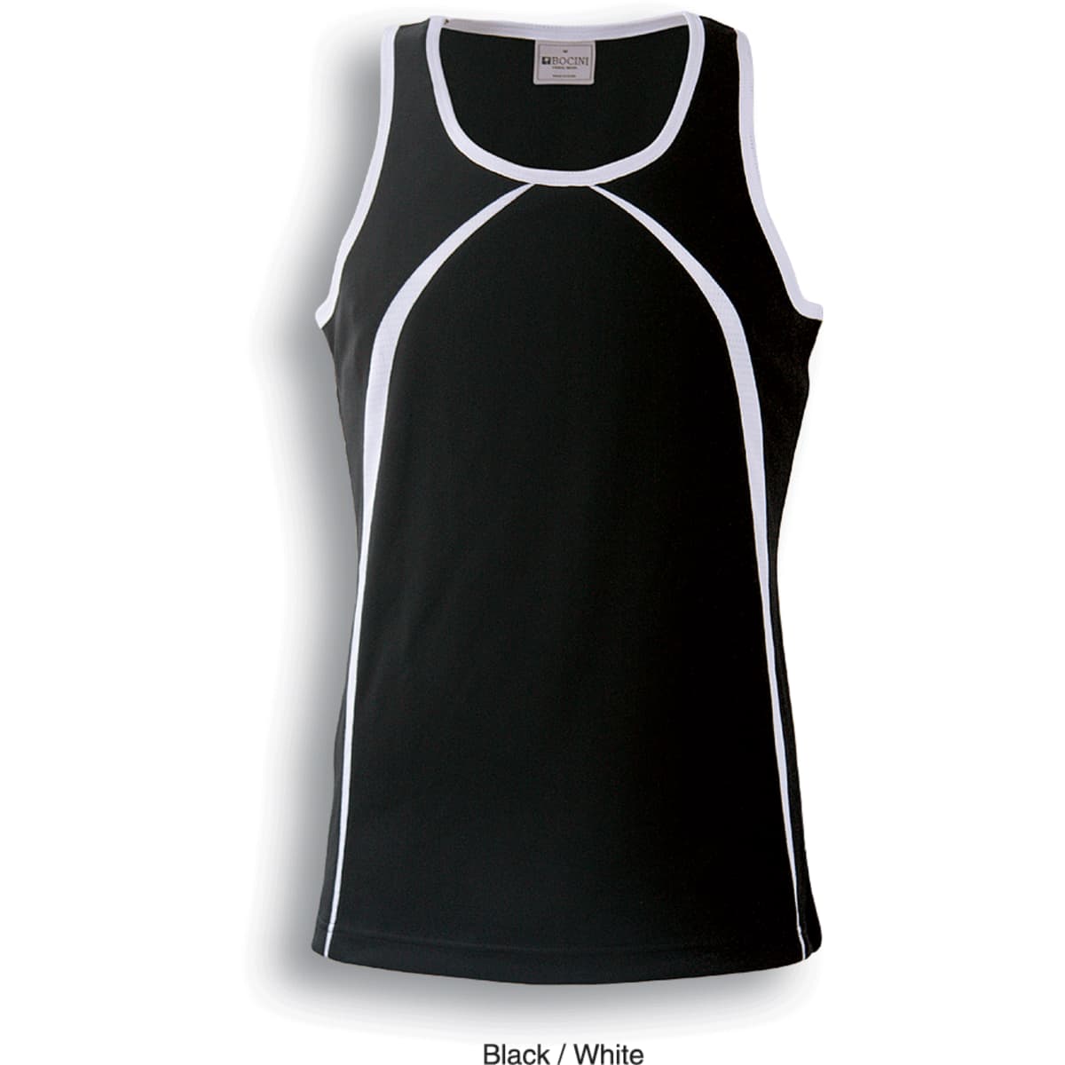 A black singlet with white detailing, featuring a fitted design and a logo. Suitable for casual wear.