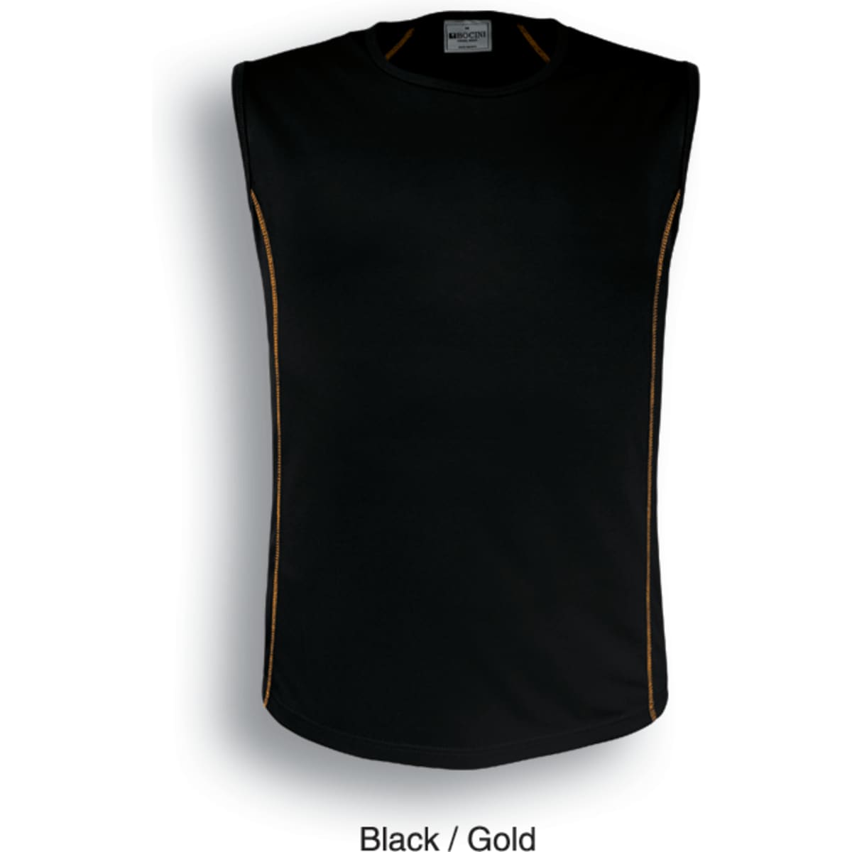 A black and gold men's sleeveless body tank featuring a logo and contrasting stitching.