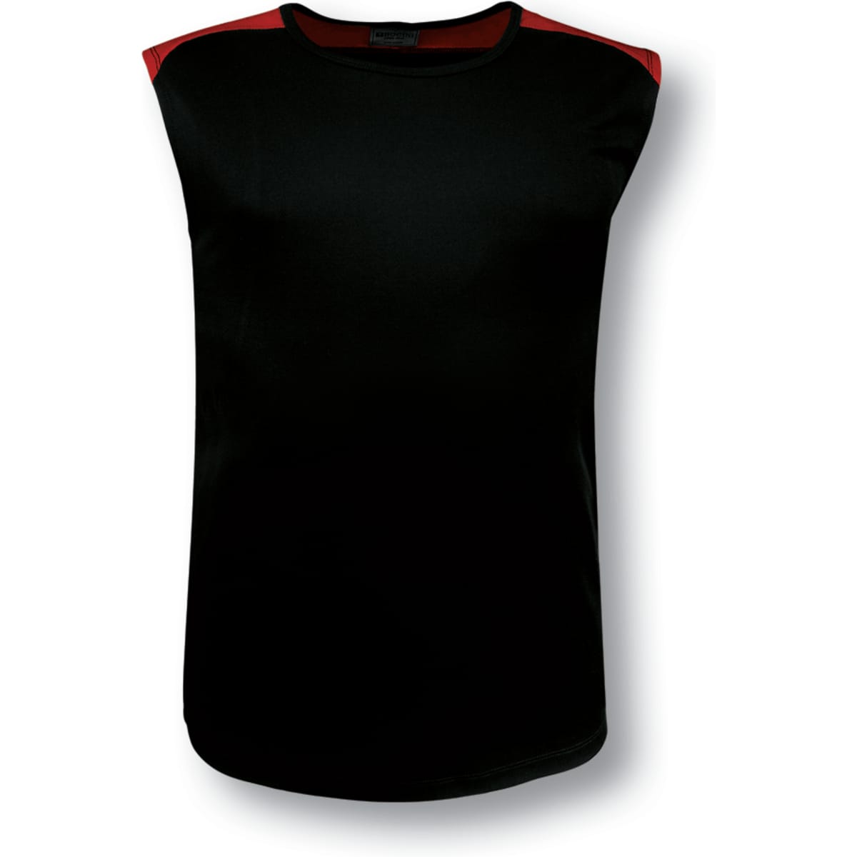 A black sleeveless tank top with red contrast features and a logo on the side.