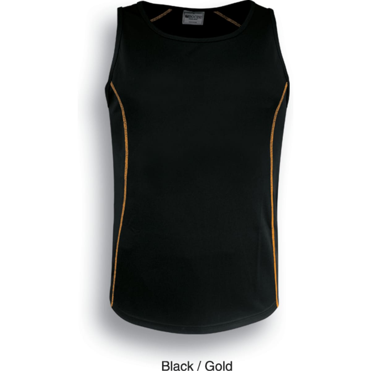 A black singlet with gold stitching and a logo on the front.