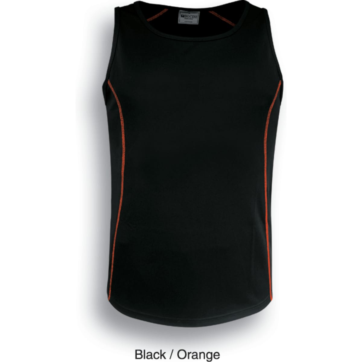 A black singlet with orange detailing and a logo, designed as a women's athletic top.