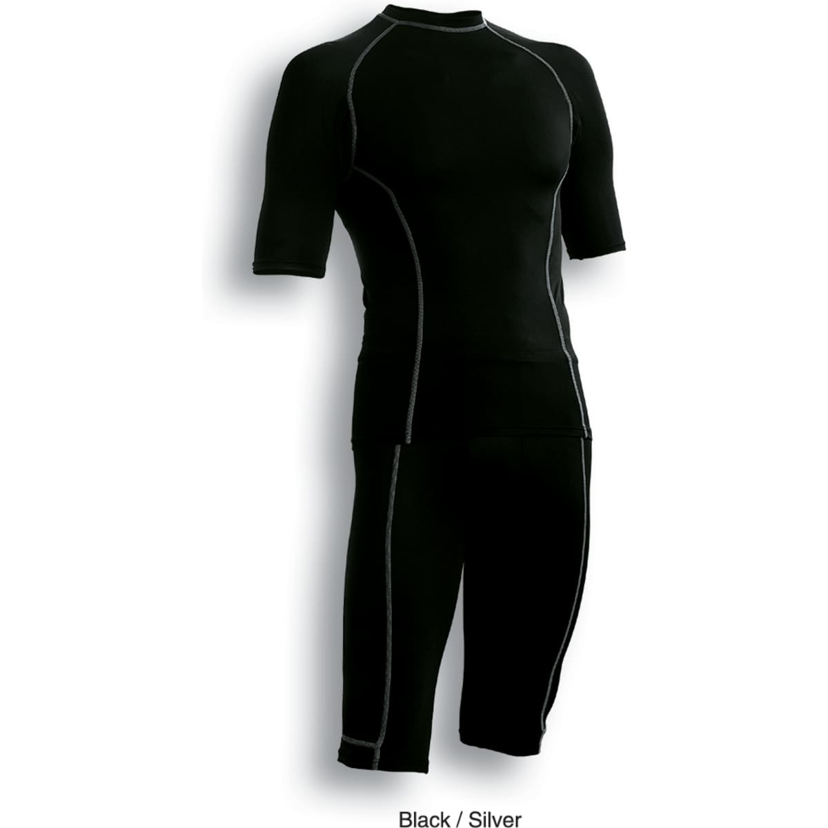 A black and silver short-sleeve performance top with matching shorts, featuring a logo.