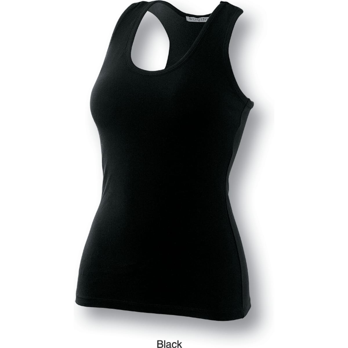 A black ladies gym singlet featuring a scoop neck and a fitted silhouette, with a logo on the label.