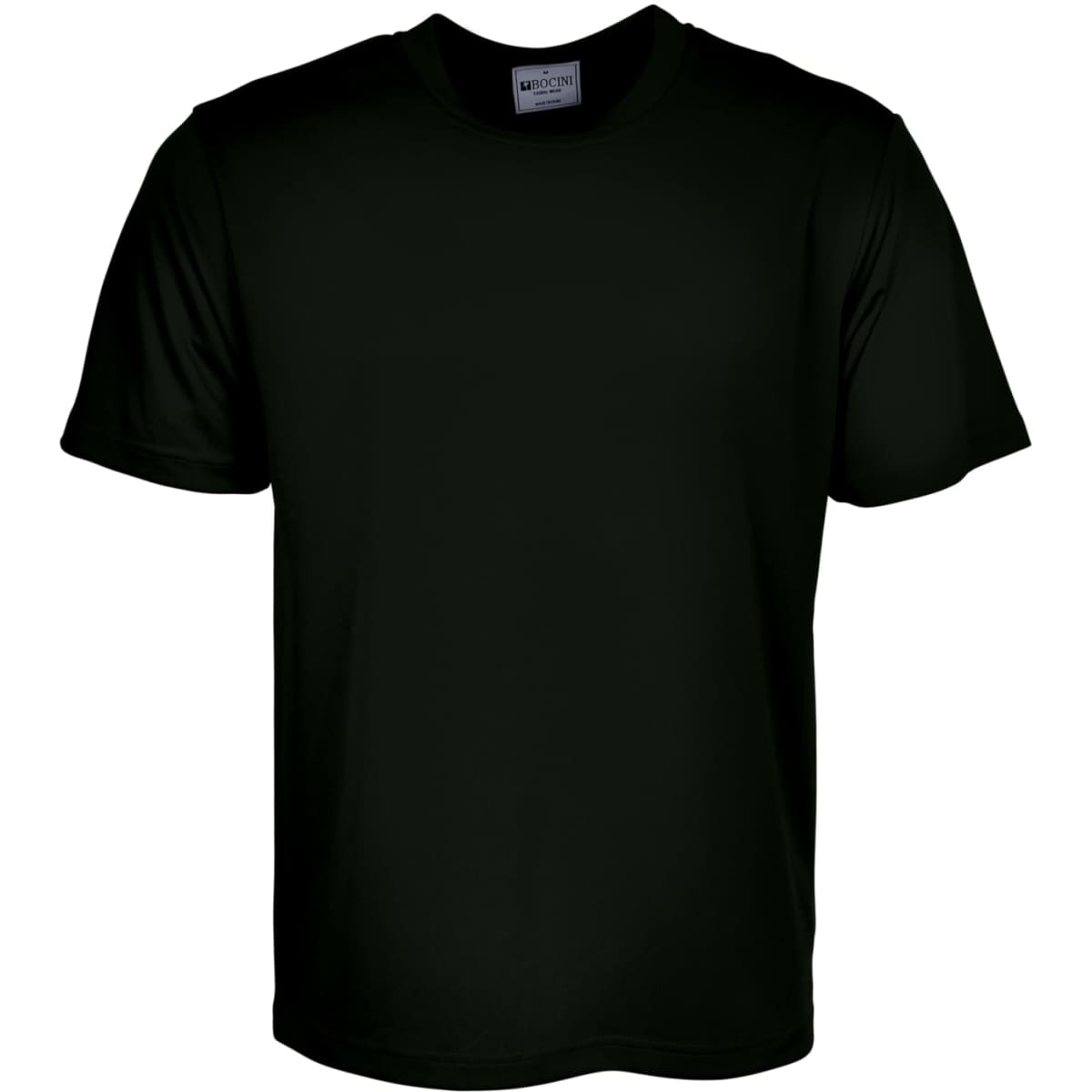 A plain black unisex micromesh tee shirt with short sleeves. The shirt includes a label and no visible branding.