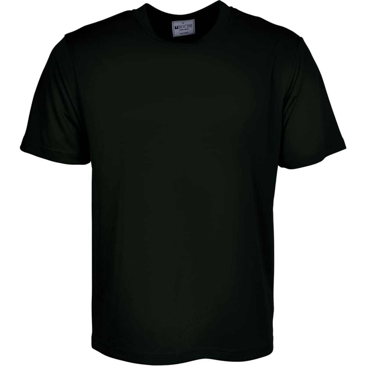 A plain black micromesh tee shirt featuring short sleeves and a round neck design. It includes a brand logo.