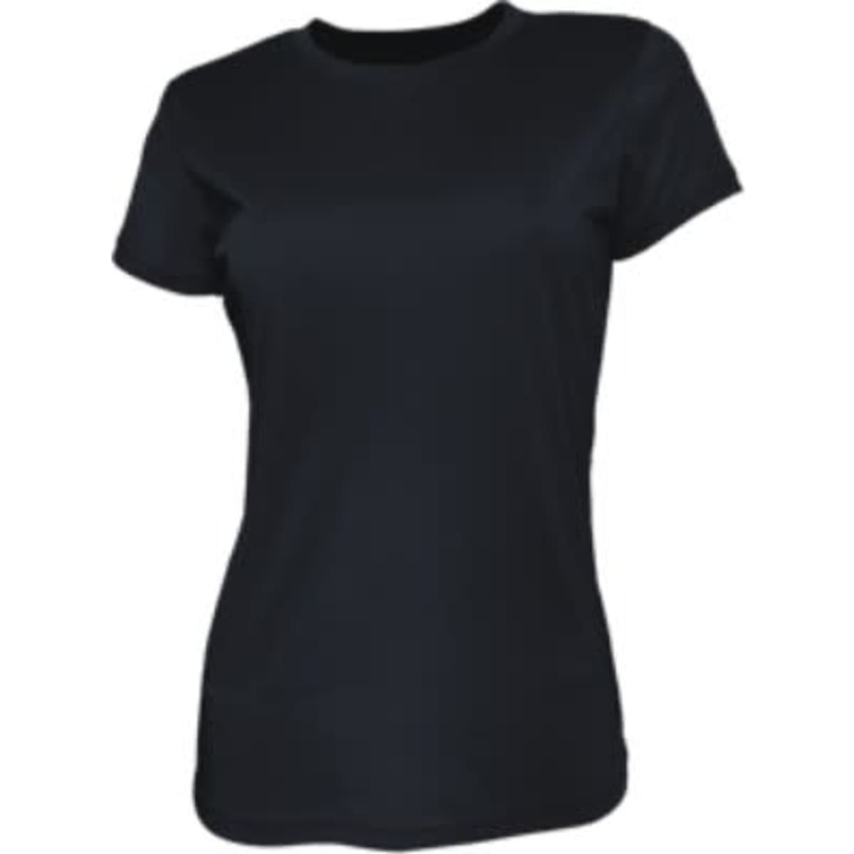 A black ladies' brushed tee shirt with a classic crew neckline and short sleeves. Features a logo.