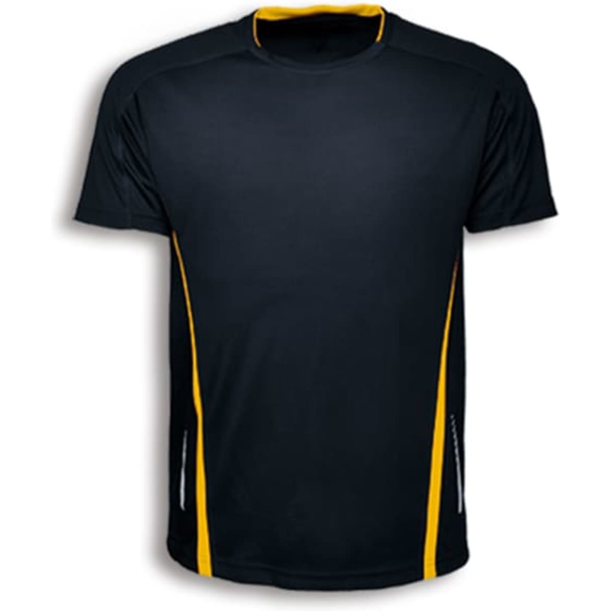 A black unisex sports tee with yellow accents and a logo on the front. Short sleeves and a sporty design.