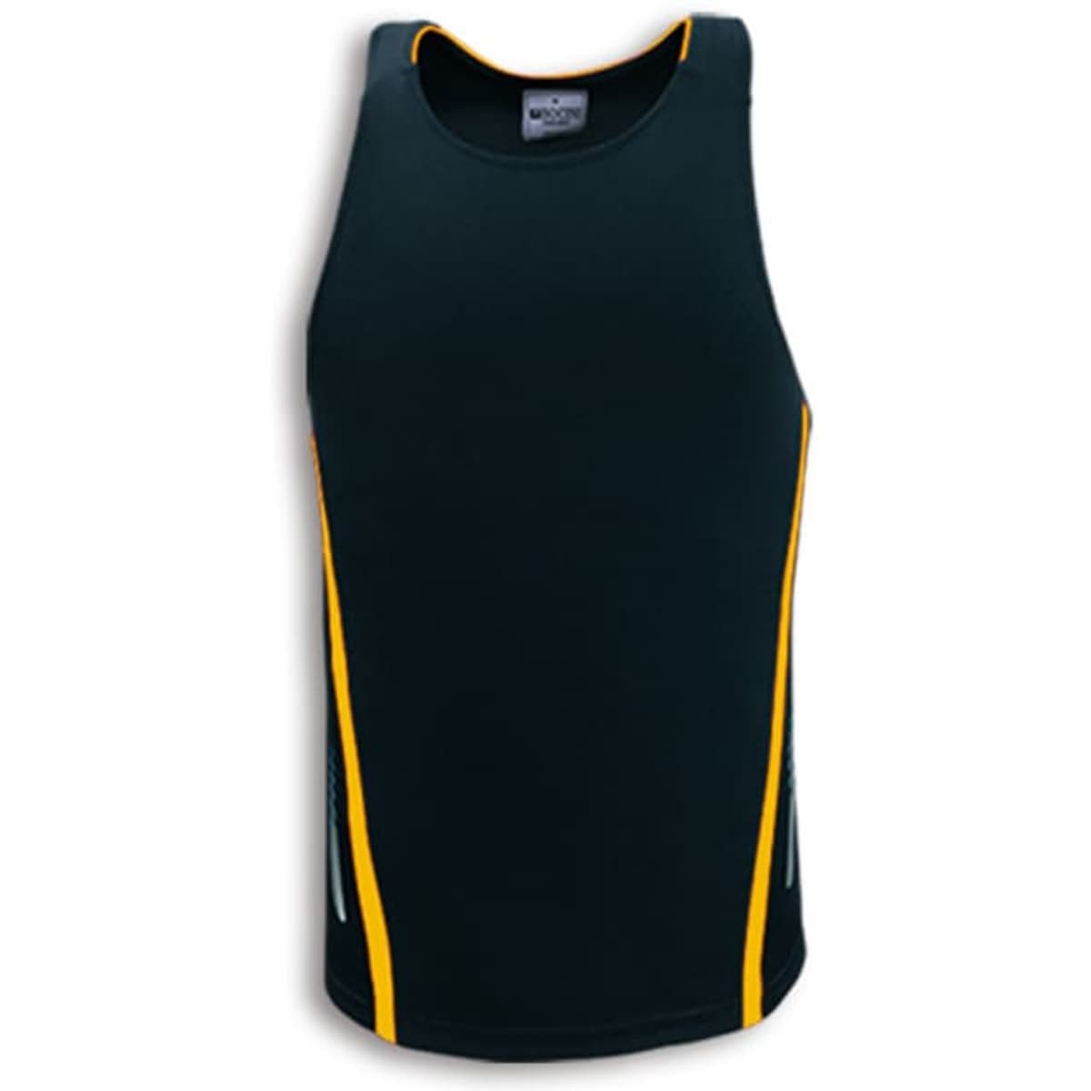 A black unisex sports singlet featuring yellow side stripes and a logo. Suitable for athletic activities.