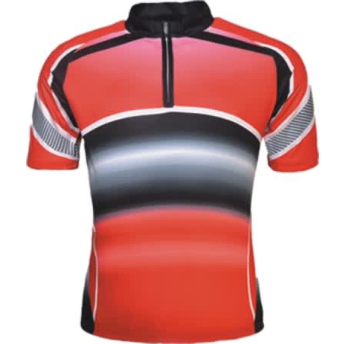 A red and black unisex cycling jersey with a zip at the collar and a modern design featuring gradient patterns.