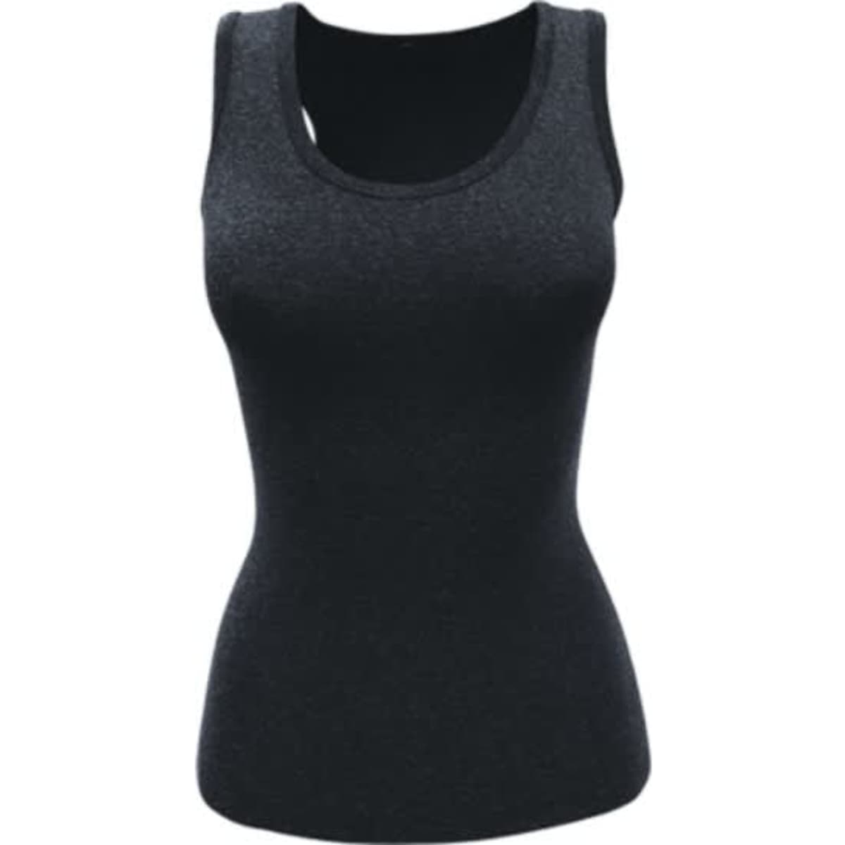 A fitted black singlet top featuring a bra insert and a rounded neckline, designed for women.