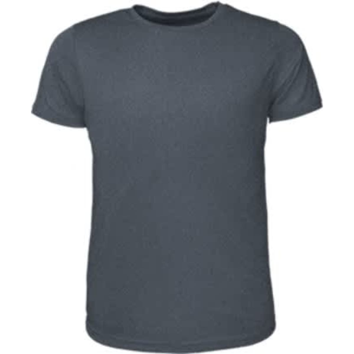 A grey men's T-shirt with a classic crew neck design, featuring short sleeves and a smooth texture.