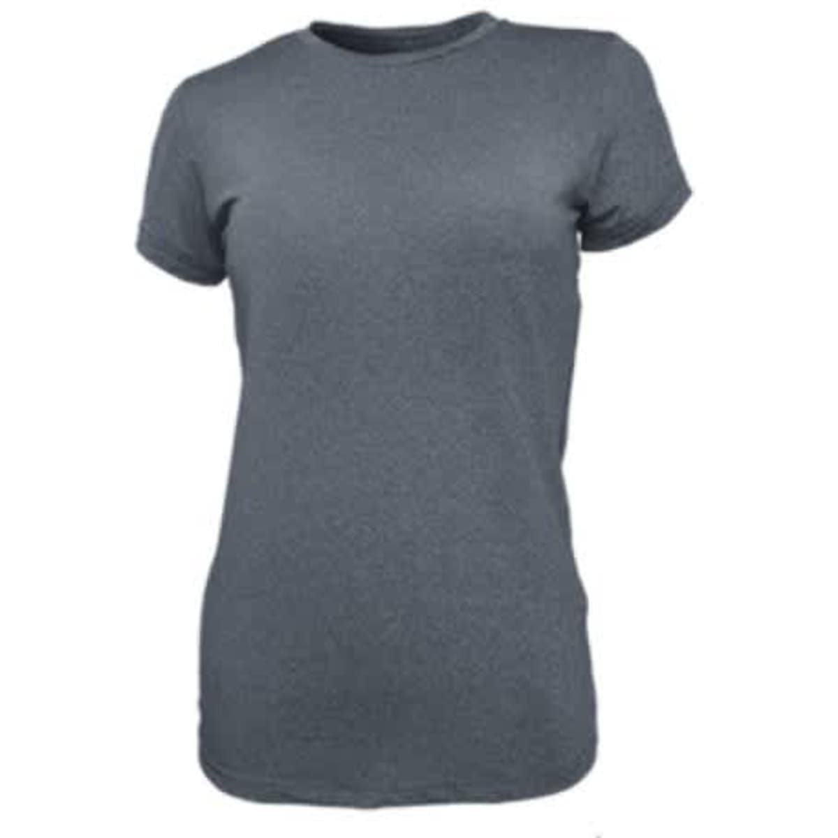 A grey ladies tee shirt with a classic crew neck and short sleeves, featuring a logo.