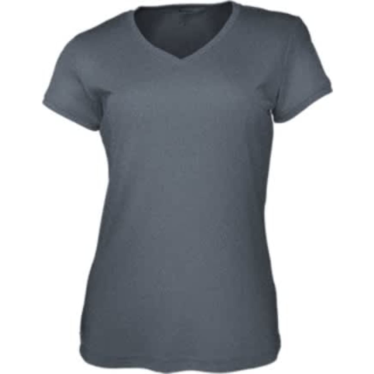 A grey ladies' V-neck tee shirt with short sleeves and a fitted design. It features a logo.