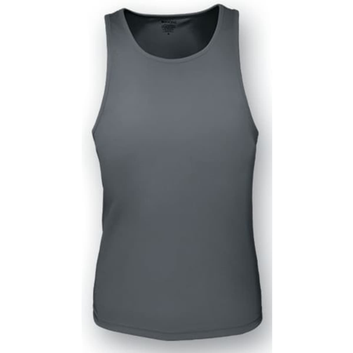 A grey ladies action back singlet with a fitted design and a logo on the front.