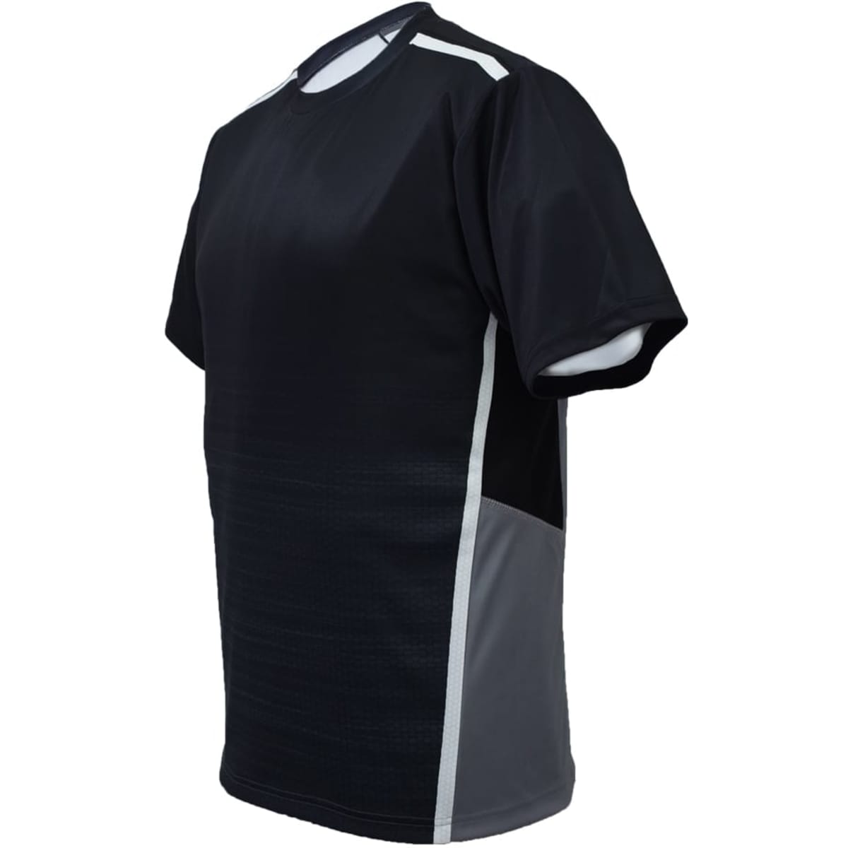 A black and grey unisex sublimated panel T-shirt with short sleeves and a logo.
