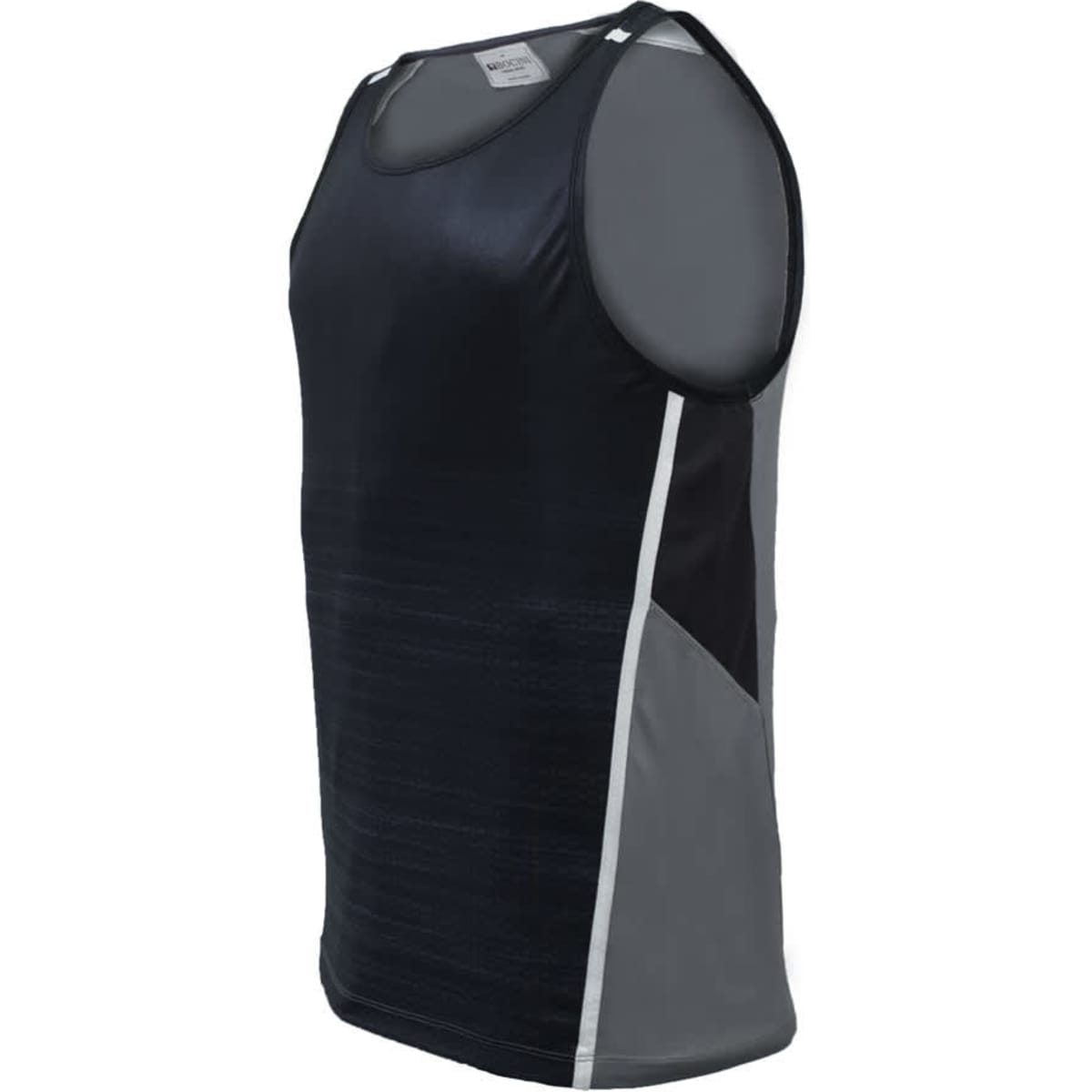 A navy and grey unisex sublimated panel singlet with a logo, featuring contrasting panels and a sleek design.