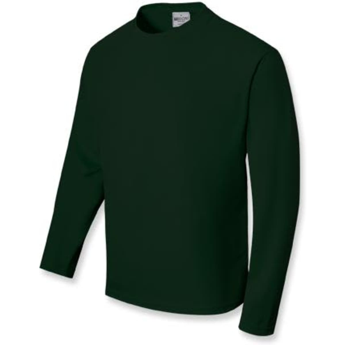 A dark green unisex long sleeve tee shirt with a round neckline and a logo on the label.