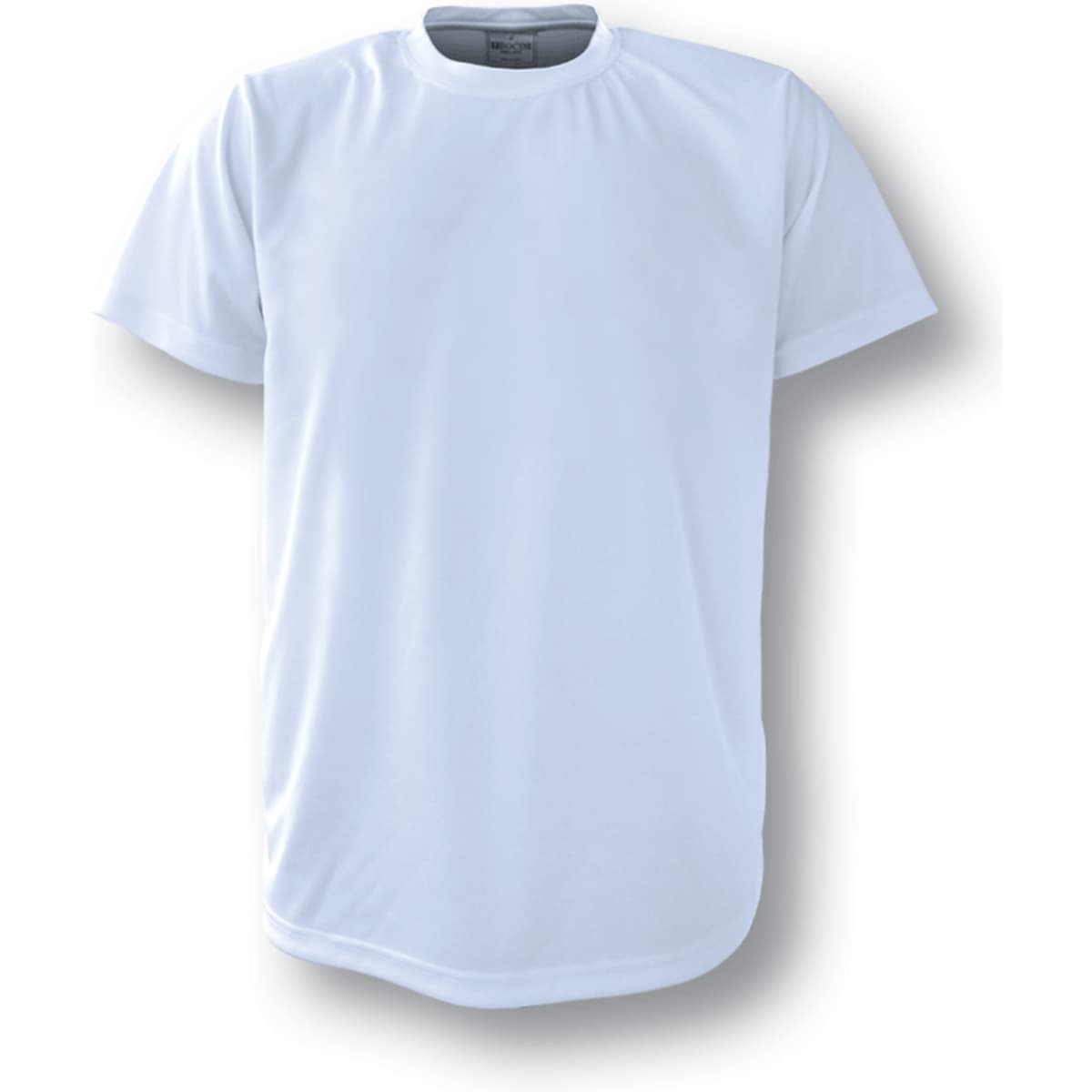 A white kids' sublimation t-shirt with short sleeves and a round neckline, featuring a logo.