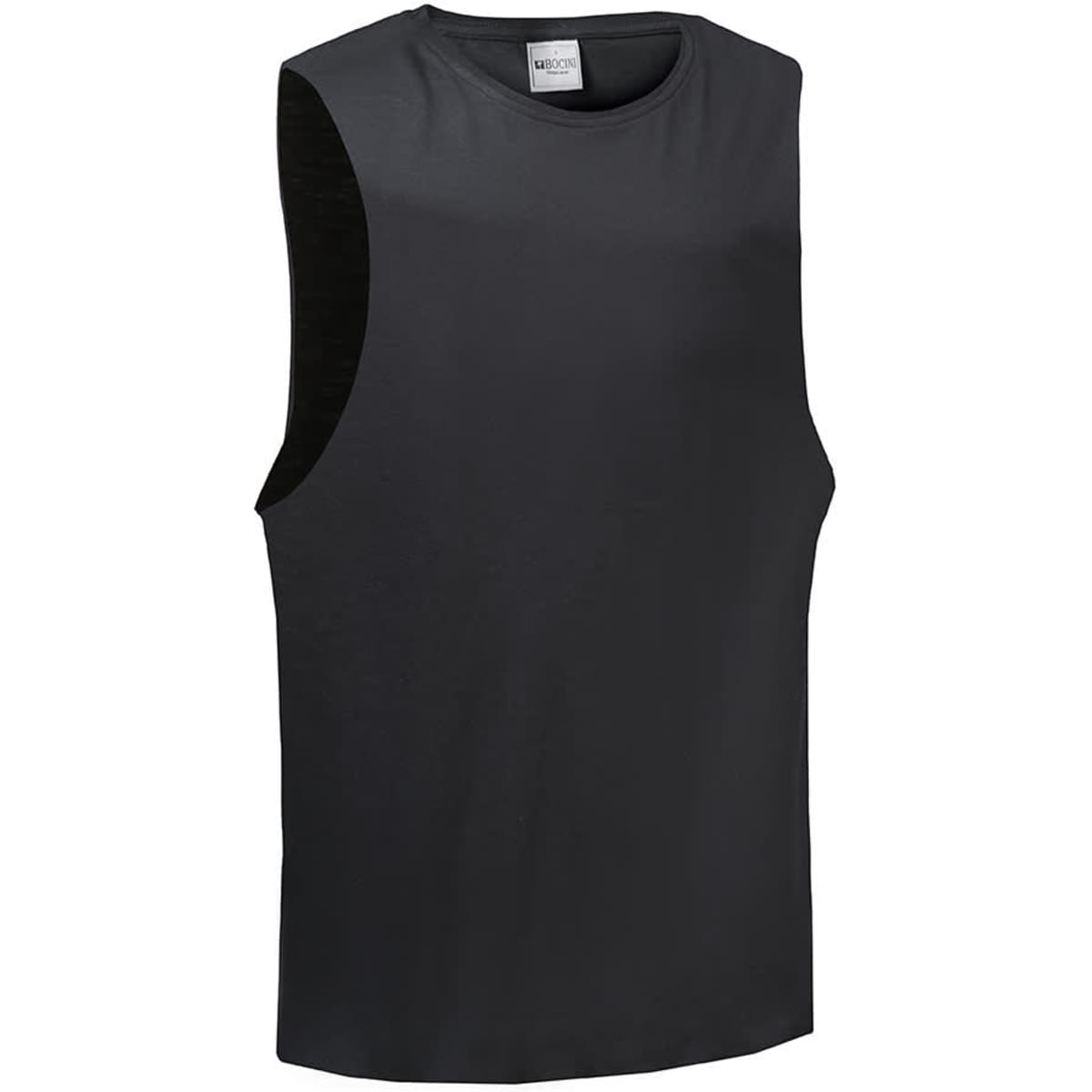 A unisex black tank top with sleeveless design, featuring a simple style and logo.
