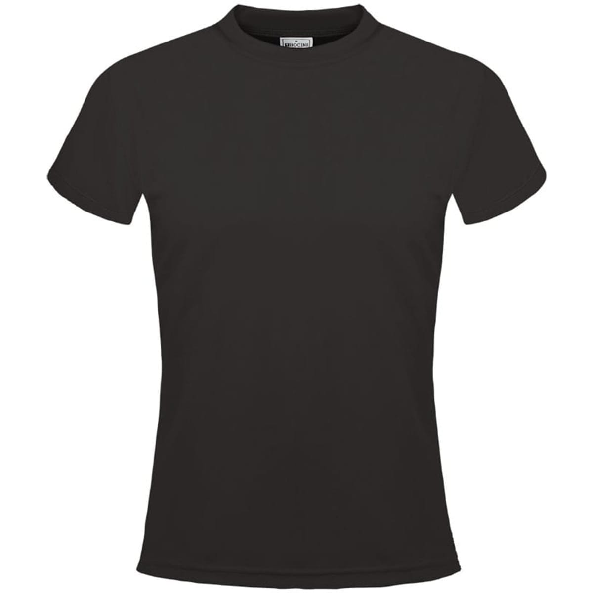 A plain black micromesh tee for ladies with a fitted design and short sleeves. It features a logo.