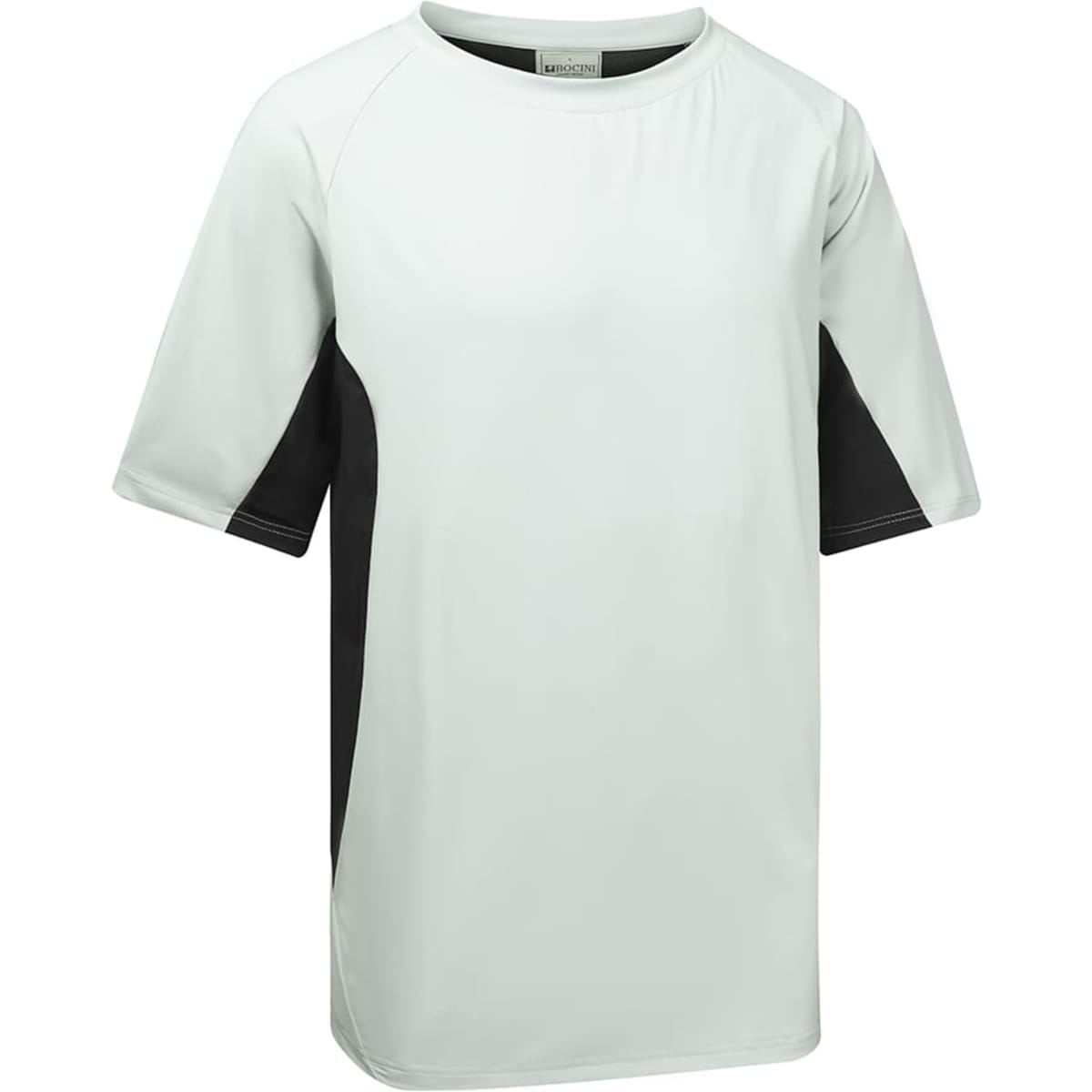A light grey and black sports tee with short sleeves and a logo on it. Ideal for athletic wear.