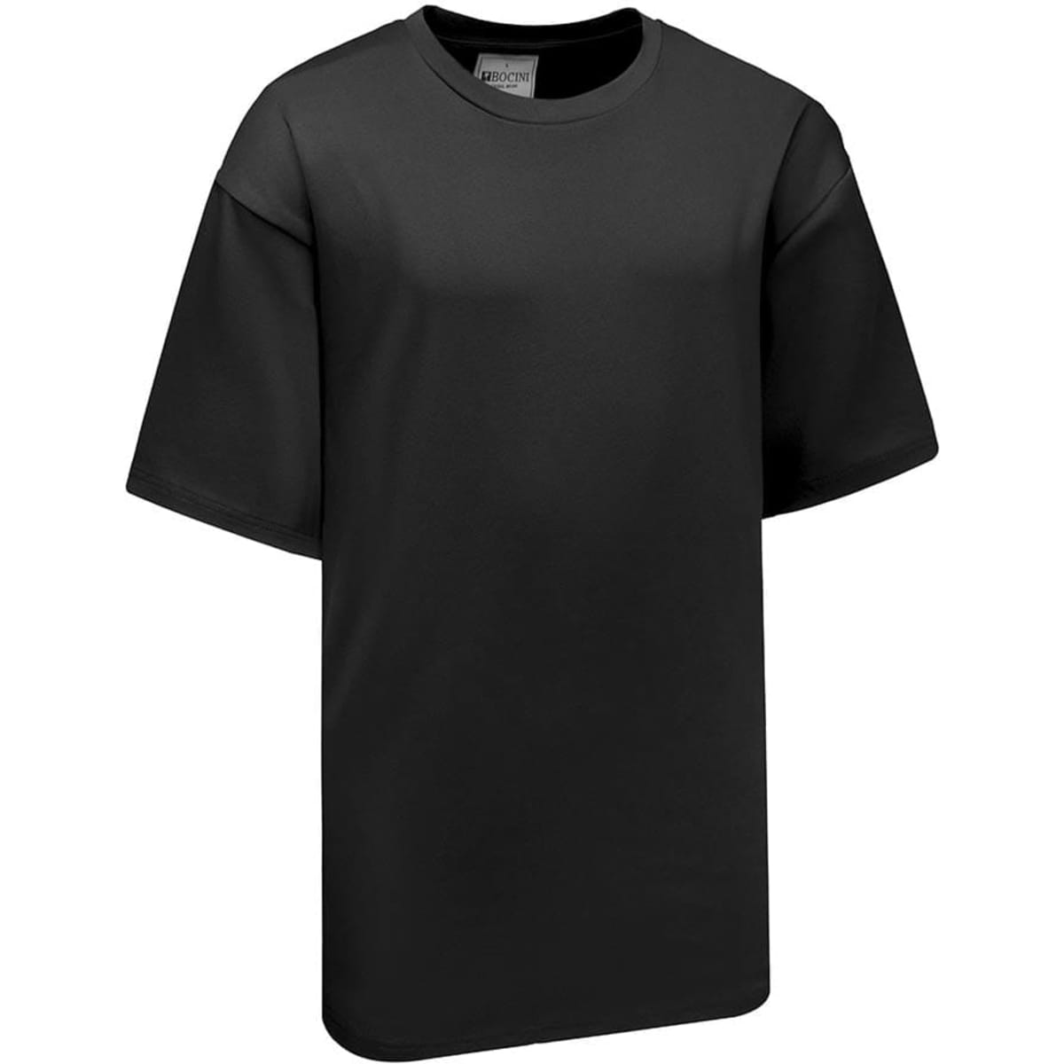 An oversized black t-shirt with a relaxed fit and short sleeves, featuring a logo on the label.