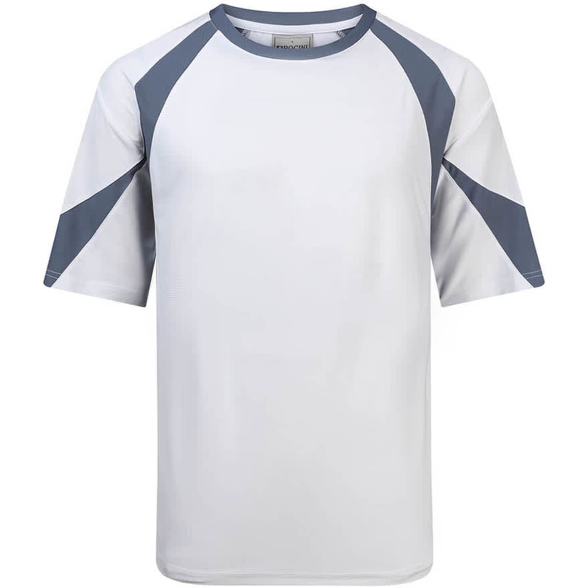 A three-tone contrast sports tee in white with grey accents and short sleeves. It features a logo on the front.