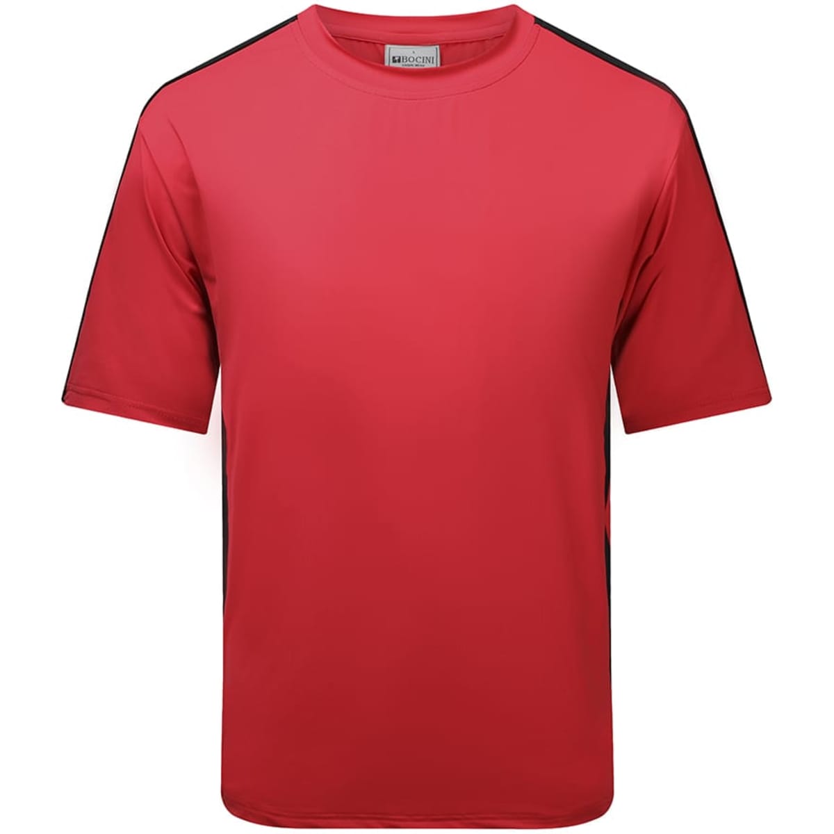 A red CoreMotion Tee featuring black side panels, made from breathable fabric, with a logo on the front.