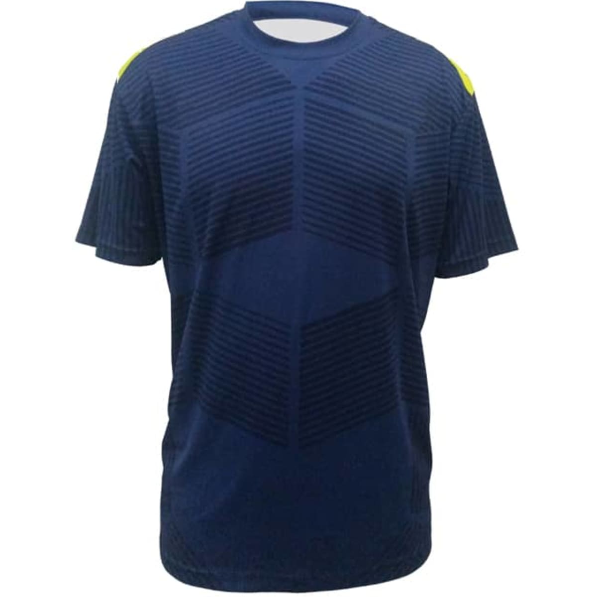 A navy sports jersey featuring a textured design and yellow accents on the shoulders. It has a simple logo.