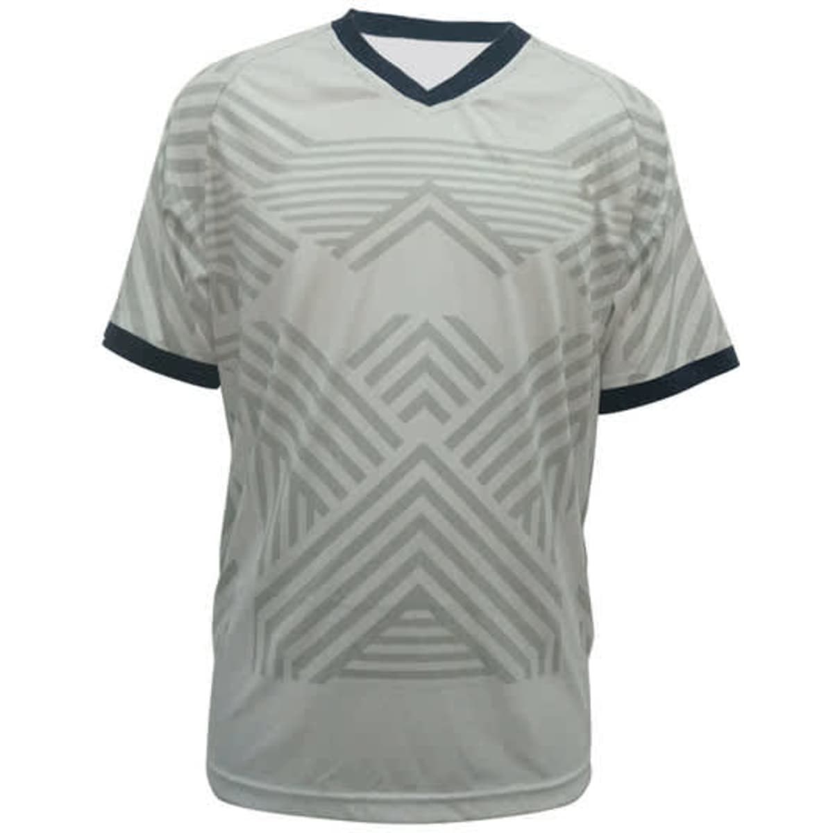 A grey and white sports jersey featuring a geometric pattern and a contrasting navy blue collar.