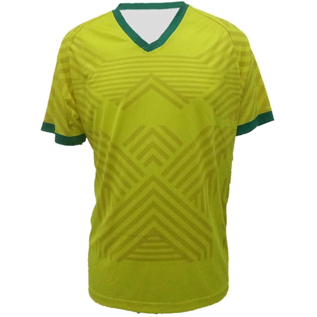 A vibrant yellow sports jersey with green accents, featuring a geometric pattern and a V-neck design.