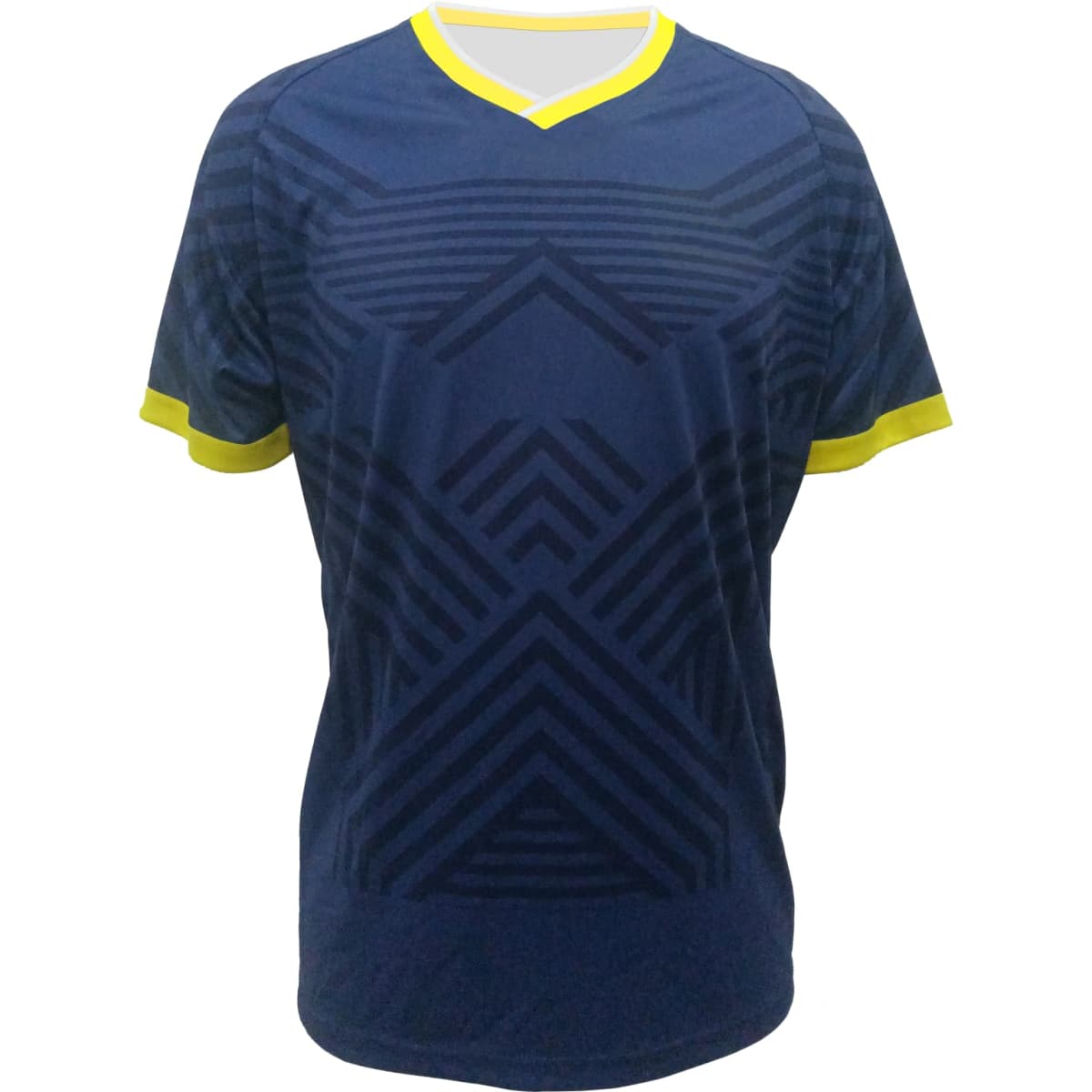 A navy blue sports jersey featuring a geometric pattern and yellow accents on the collar and sleeves. It has a logo.