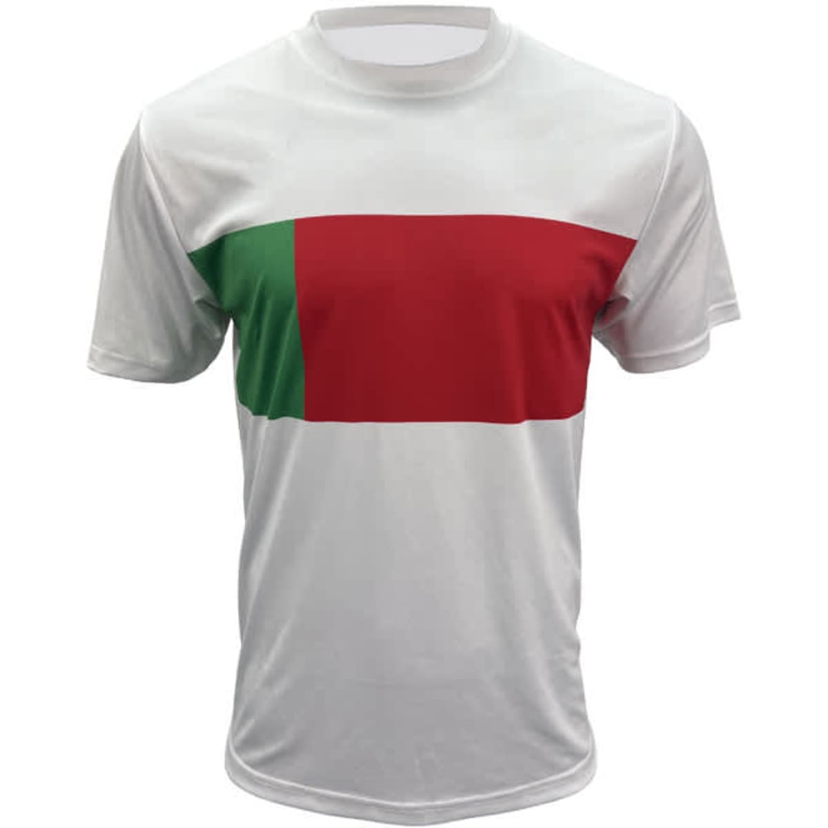 A sports jersey featuring a white base with a red and green rectangular design across the front. It has a logo on the sleeve.