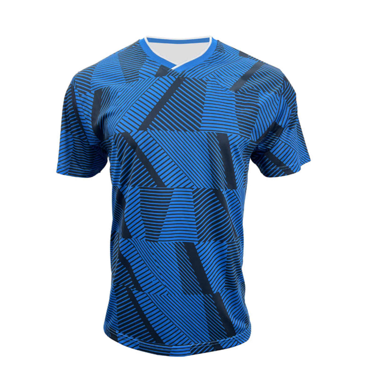 A blue sports jersey featuring a geometric pattern with varying shades of blue and black. It has a crew neck design and a logo.