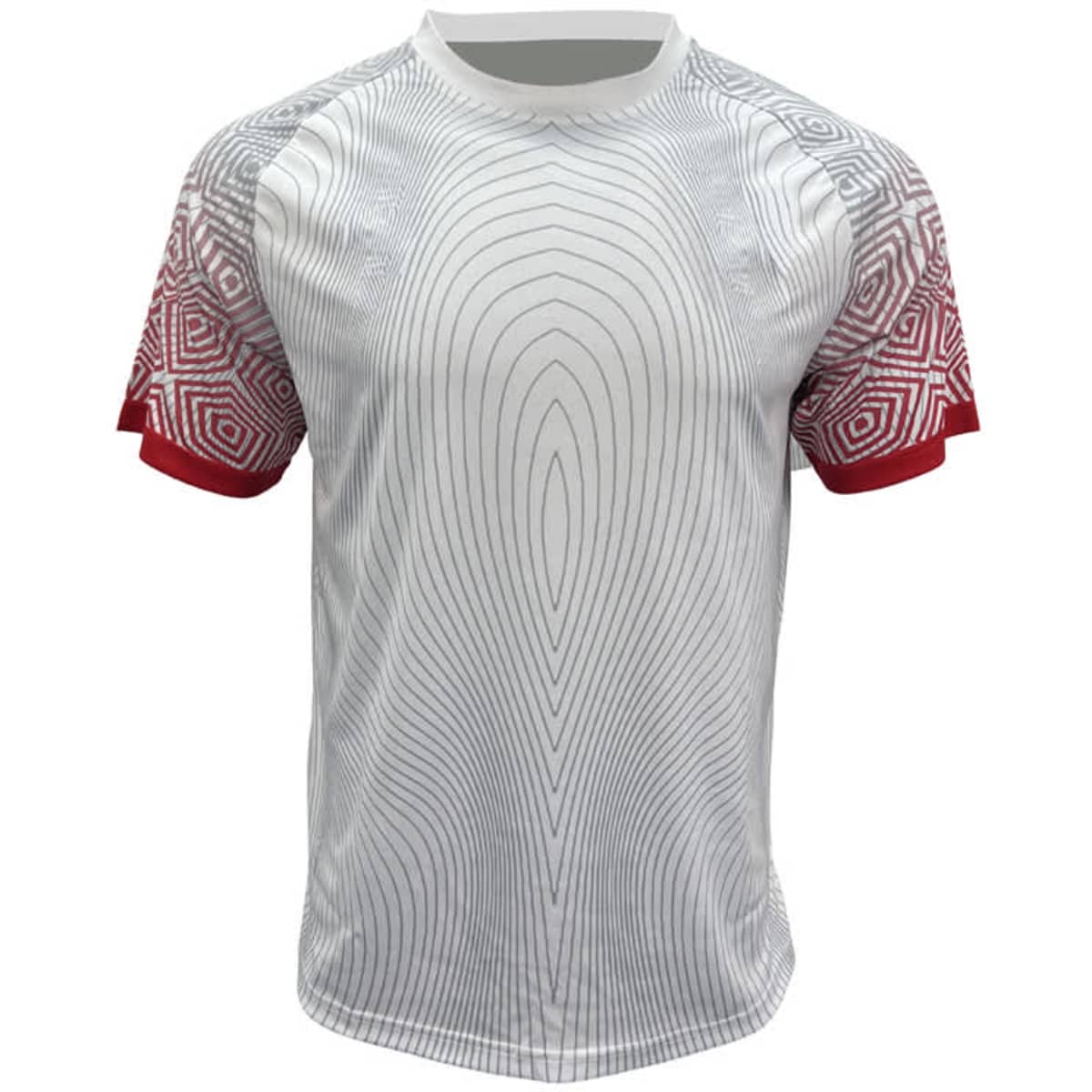 A short-sleeved jersey in white with red patterned sleeves and a logo, designed for sports use.