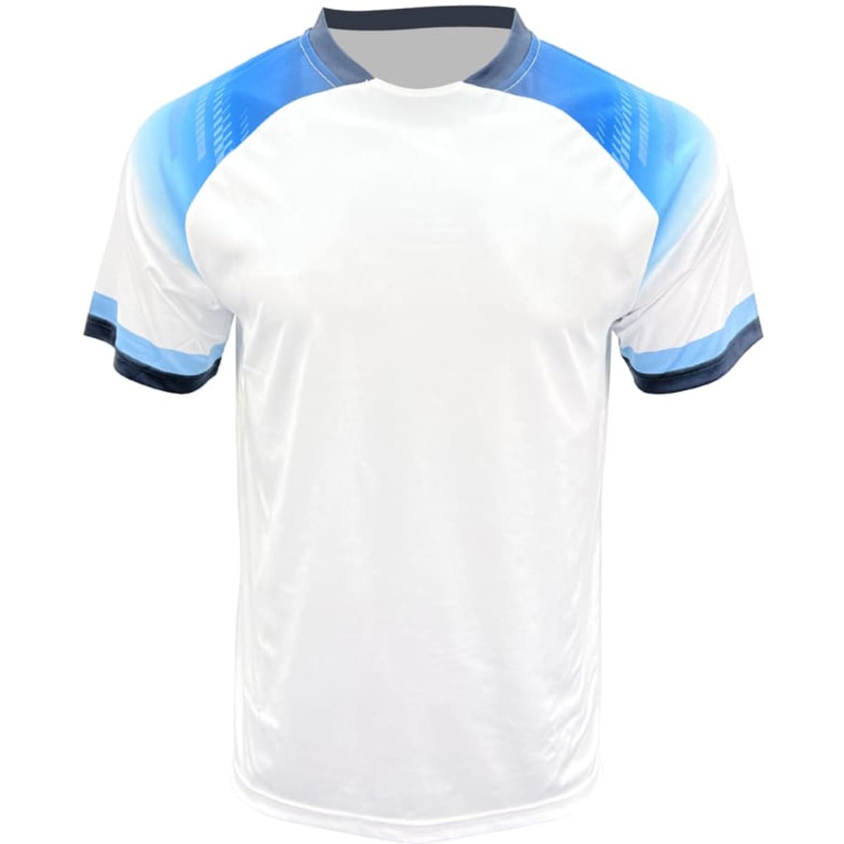 A white sports jersey with blue accents, featuring a round neck and short sleeves. It has a logo on it.