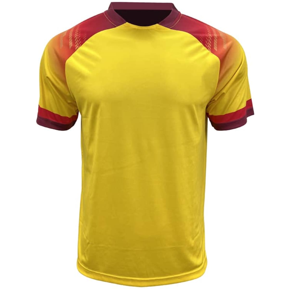 A yellow sports jersey with red and maroon accents and a logo on the front.