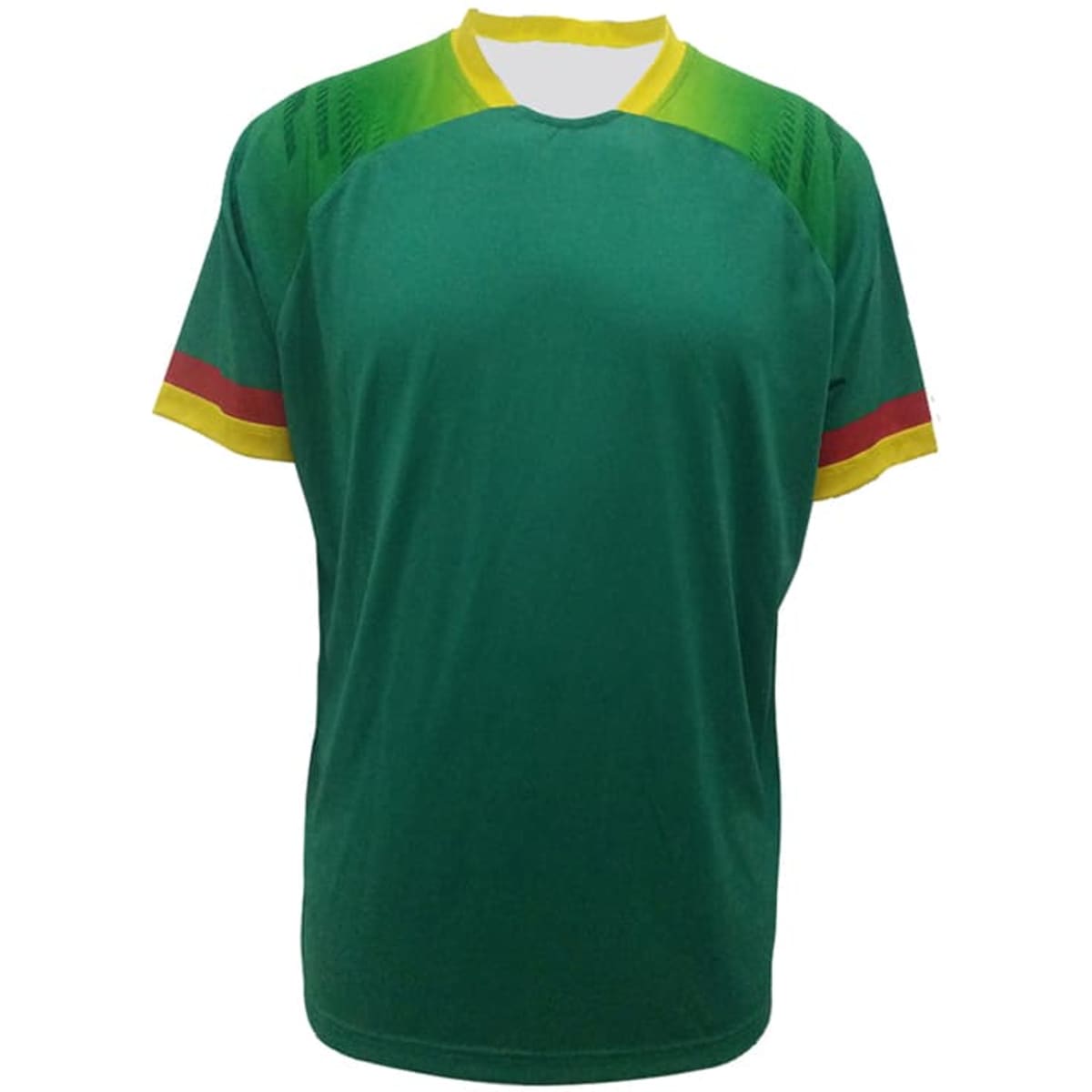 A green sports jersey featuring yellow and red stripes on the sleeves, with a crew neck design and a logo.