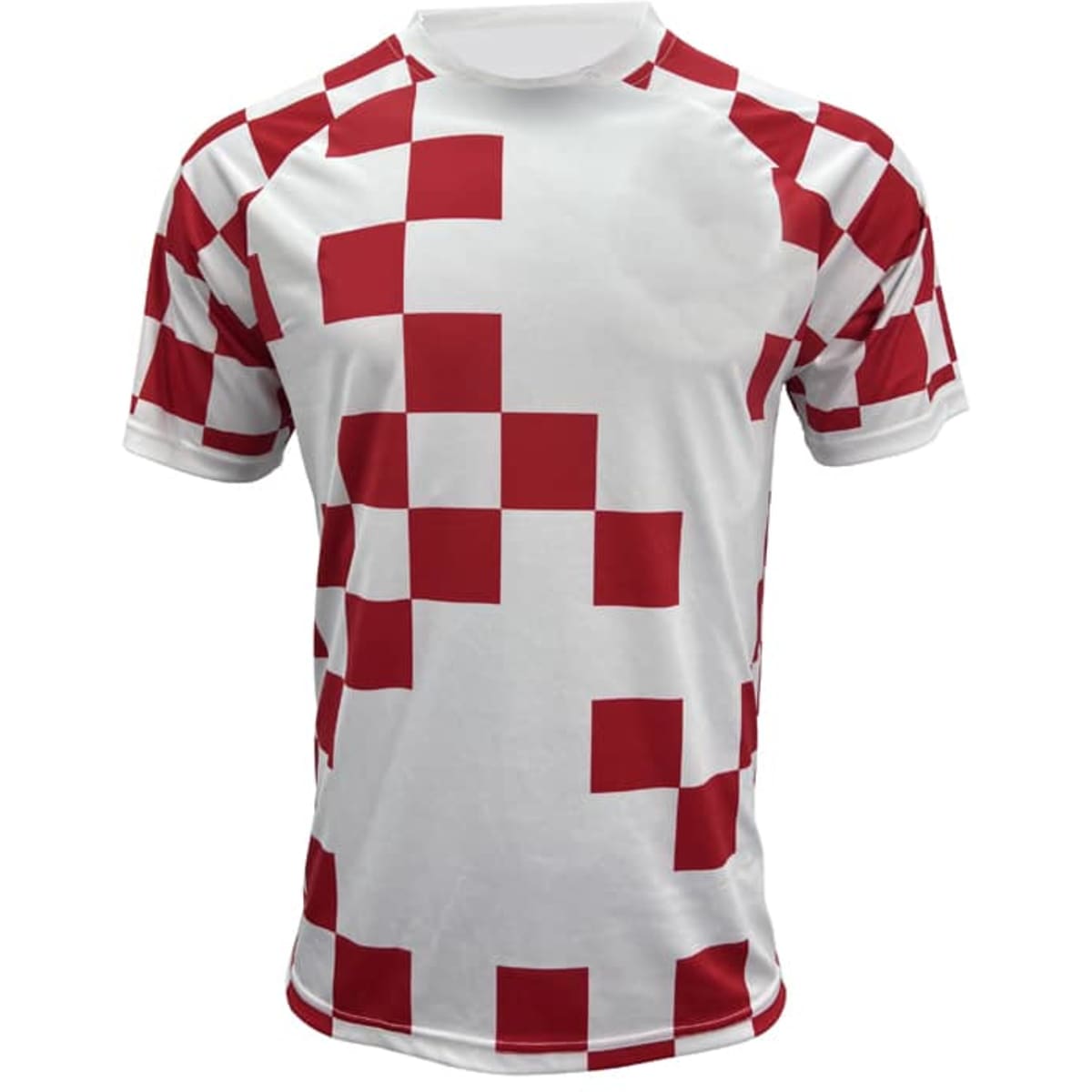 A sports jersey featuring a white base with a red checkered pattern and a logo on the front.